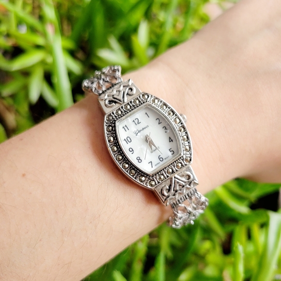 Classic Geneva Quartz Silver Marcasite Cuff Tonneau Barrel Watch - Picture 6 of 9